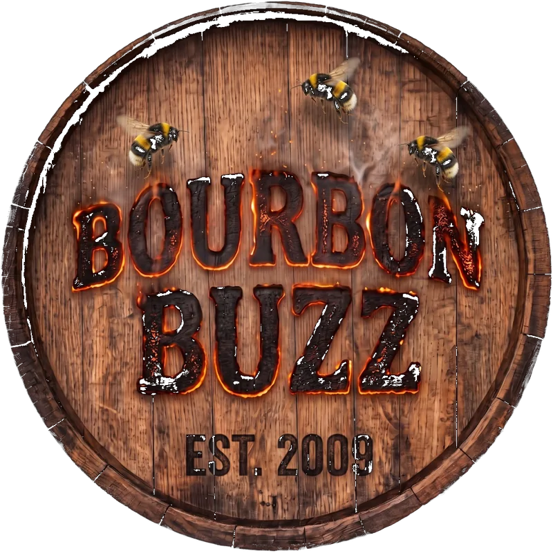 Bourbon Buzz barrel head — fire-branded BOURBON BUZZ with bees and EST. 2009